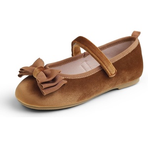 image:imageFEVERSOLE Girls Cute Dress Mary Jane Shoes Bow Tie Sunday Holiday Ballet FlatsCamel Velvet Tribow Maryjane