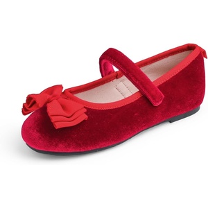 image:imageFEVERSOLE Girls Cute Dress Mary Jane Shoes Bow Tie Sunday Holiday Ballet FlatsRed Velvet Tribow Maryjane