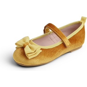 image:imageFEVERSOLE Girls Cute Dress Mary Jane Shoes Bow Tie Sunday Holiday Ballet FlatsYellow Velvet Tribow Maryjane