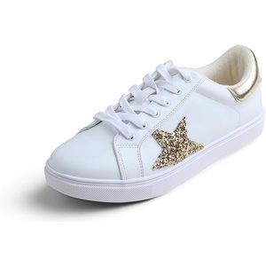 image:imageFEVERSOLE Womens Colorful Star Lace Up Sneaker By Warm Lined Vegan Leather for Winter Party HolidayWhite Glitter Gold Star