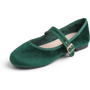 image:imageFEVERSOLE Womens Soft Cushion Extra Padded Comfort Round Toe Mary Jane Metal Buckle Fashion Ballet Flats Walking ShoesGreen Velvet Mary Jane With Short Plush