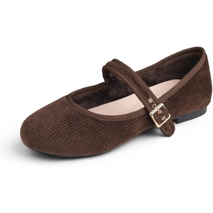image:imageFEVERSOLE Womens Soft Cushion Extra Padded Comfort Round Toe Mary Jane Breathable Fabric Fashion Ballet Flats Walking ShoesBrown Corduroy Mary Jane With Short Plush