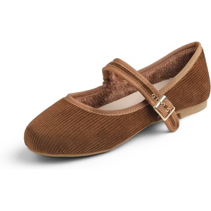 image:imageFEVERSOLE Womens Soft Cushion Extra Padded Comfort Round Toe Mary Jane Breathable Fabric Fashion Ballet Flats Walking ShoesCamel Corduroy Mary Jane With Short Plush