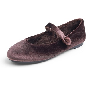 image:imageFEVERSOLE Womens Mary Jane Fashion Round Toe Easy Buckle Slip On FlatsMaryjane Brown Velvet Fur Lined