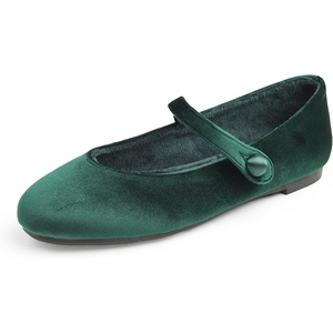 image:imageFEVERSOLE Womens Mary Jane Fashion Round Toe Easy Buckle Slip On FlatsMaryjane Green Velvet Fur Lined
