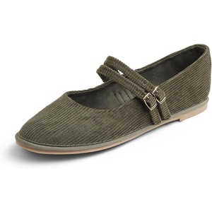 image:imageFEVERSOLE Womens Soft Classic Mary Jane Memory Foam Cushioned Comfort Round Toe Metal Buckle Flats Walking ShoesOlive Corduroy Mary Jane With Double Straps