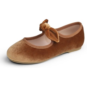 image:imageFEVERSOLE Girls Cute Dress Mary Jane Shoes Little Kids Casual Buckle Strap FlatsVelvet Bow Elastic Maryjane Camel