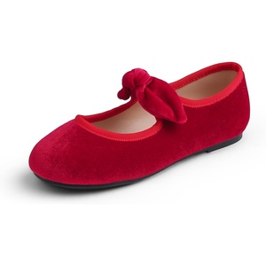 image:imageFEVERSOLE Girls Cute Dress Mary Jane Shoes Little Kids Casual Buckle Strap FlatsVelvet Bow Elastic Maryjane Red