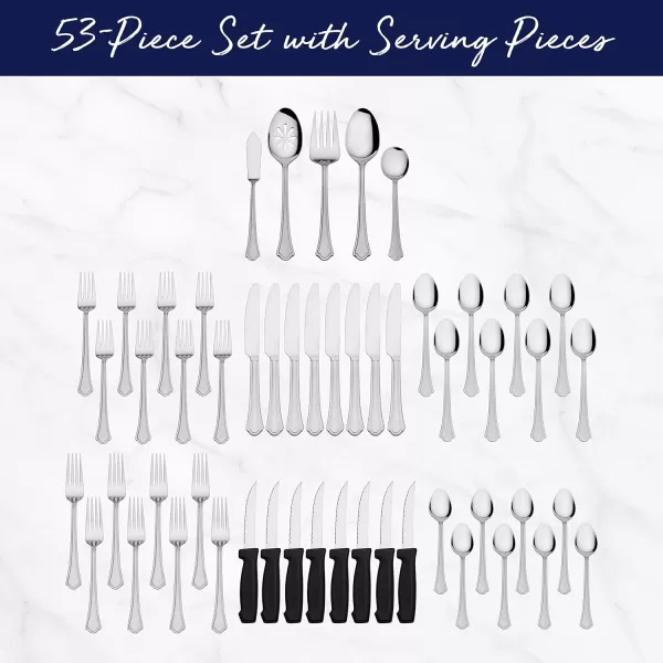 Pfaltzgraff American Bead 53-Piece Stainless Steel Flatware Set with Serving Utensil Set and Steak Knives, Service for 8,Silver