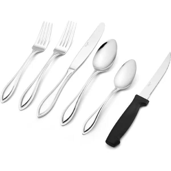 Pfaltzgraff American Bead 53-Piece Stainless Steel Flatware Set with Serving Utensil Set and Steak Knives, Service for 8,Silver