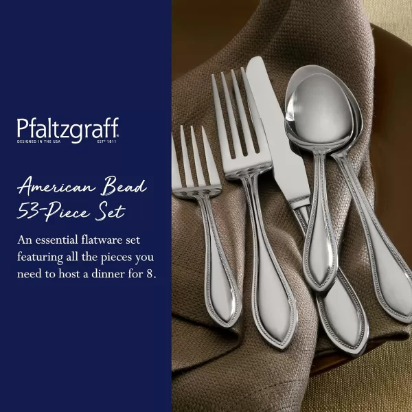 Pfaltzgraff American Bead 53-Piece Stainless Steel Flatware Set with Serving Utensil Set and Steak Knives, Service for 8,Silver