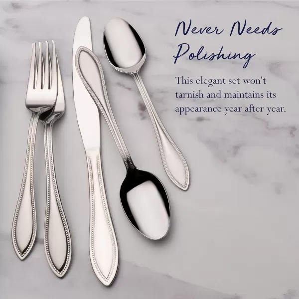 Pfaltzgraff American Bead 53-Piece Stainless Steel Flatware Set with Serving Utensil Set and Steak Knives, Service for 8,Silver