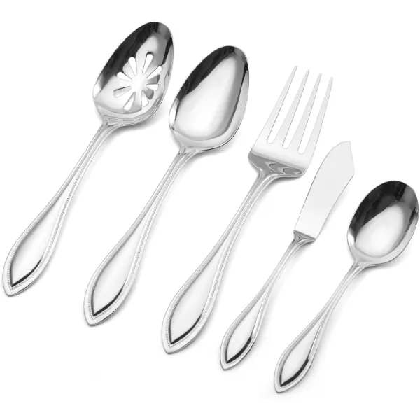 Pfaltzgraff American Bead 53-Piece Stainless Steel Flatware Set with Serving Utensil Set and Steak Knives, Service for 8,Silver