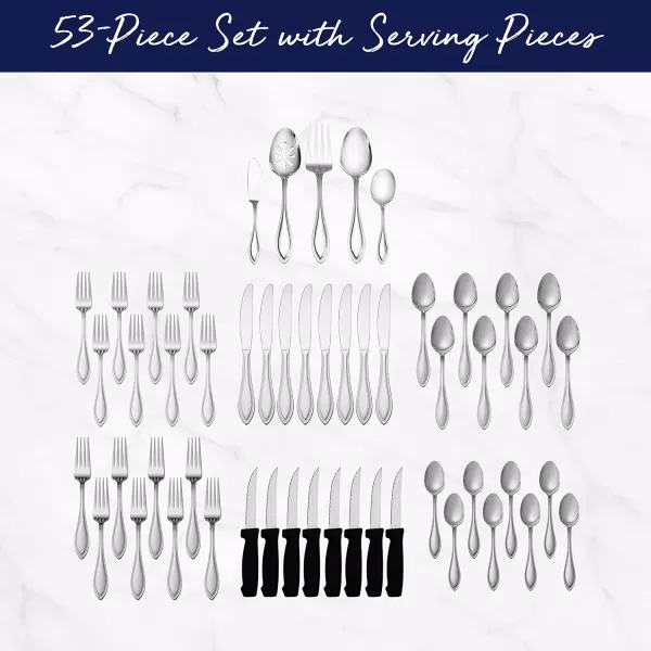 Pfaltzgraff American Bead 53-Piece Stainless Steel Flatware Set with Serving Utensil Set and Steak Knives, Service for 8,Silver
