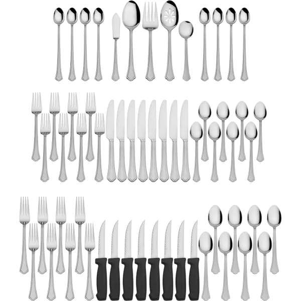 Pfaltzgraff American Bead 61-Piece Stainless Steel Flatware Set with Serving Utensil Set, Steak Knives and Iced Tea Spoons, Service for 8