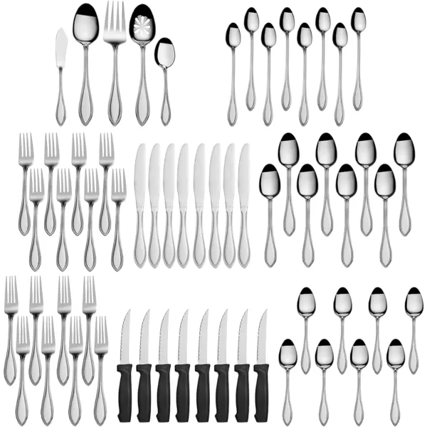 Pfaltzgraff American Bead 61-Piece Stainless Steel Flatware Set with Serving Utensil Set, Steak Knives and Iced Tea Spoons, Service for 8