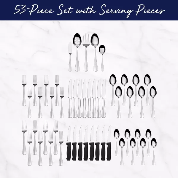 Pfaltzgraff Garland Frost 53-Piece Stainless Steel Flatware Serving Utensil Set and Steak Knives, Service for 8
