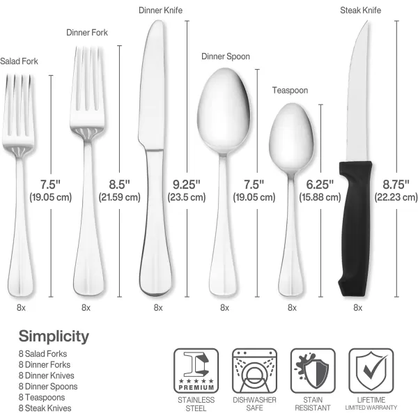 Pfaltzgraff Garland Frost 53-Piece Stainless Steel Flatware Serving Utensil Set and Steak Knives, Service for 8