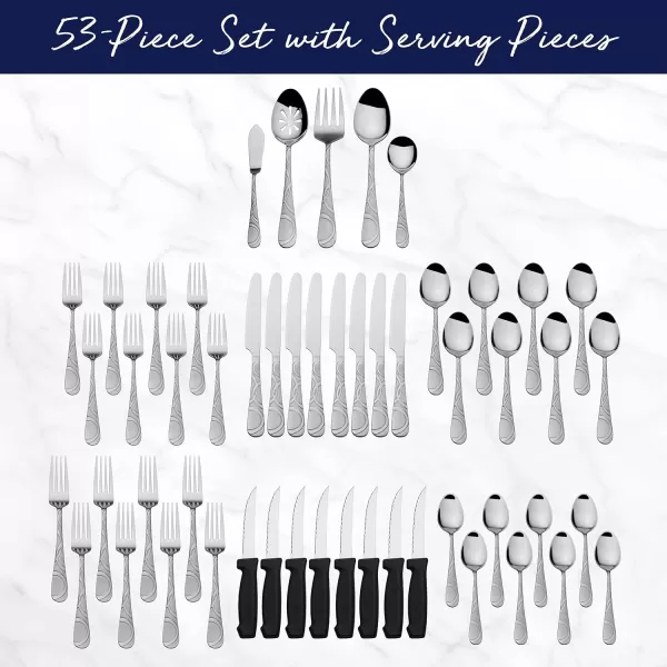 Pfaltzgraff Garland Frost 53-Piece Stainless Steel Flatware Serving Utensil Set and Steak Knives, Service for 8