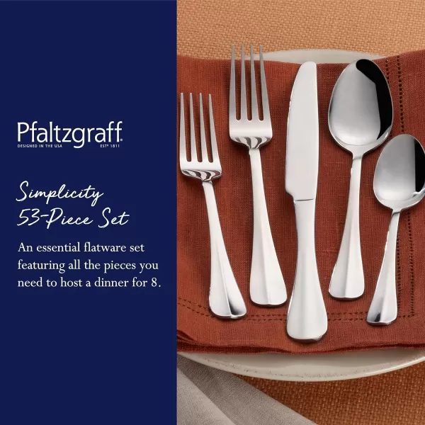 Pfaltzgraff Garland Frost 53-Piece Stainless Steel Flatware Serving Utensil Set and Steak Knives, Service for 8