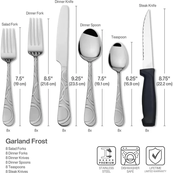 Pfaltzgraff Garland Frost 53-Piece Stainless Steel Flatware Serving Utensil Set and Steak Knives, Service for 8