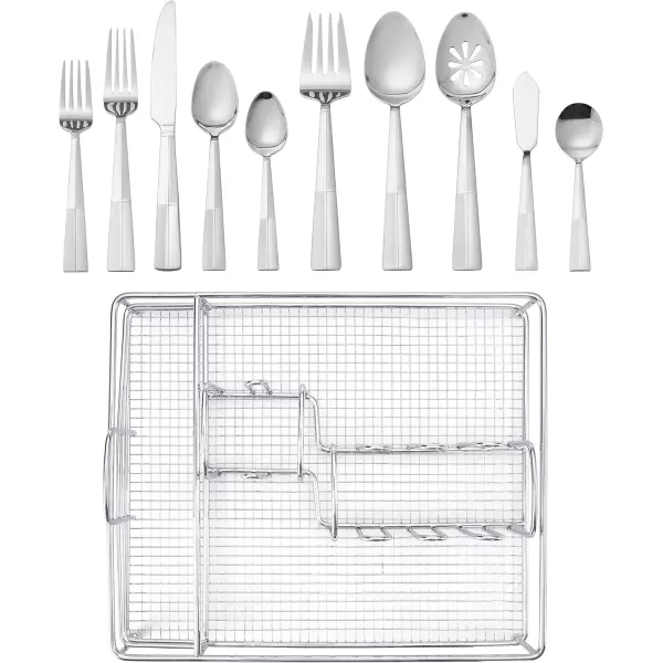 Pfaltzgraff Mirage Frost 45-Piece Stainless Steel Flatware Set with Serving Utensil Set and Metal Storage Caddy, Service for 8