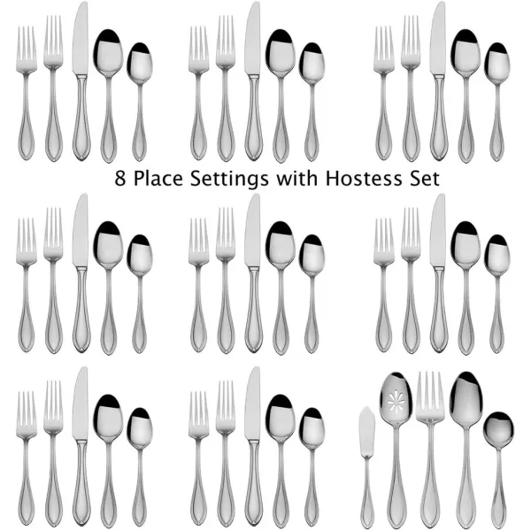 Pfaltzgraff Mirage Frost 45-Piece Stainless Steel Flatware Set with Serving Utensil Set and Metal Storage Caddy, Service for 8
