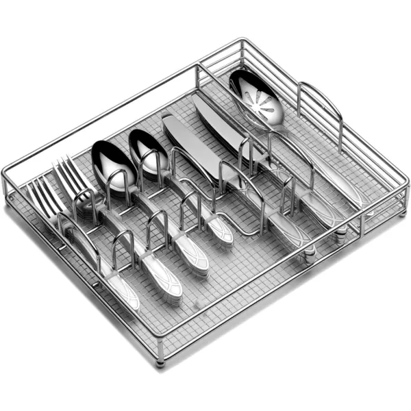 Pfaltzgraff Mirage Frost 45-Piece Stainless Steel Flatware Set with Serving Utensil Set and Metal Storage Caddy, Service for 8
