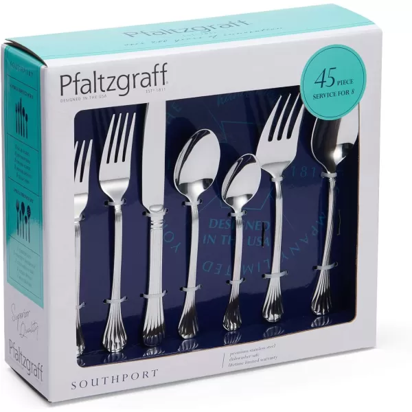 Pfaltzgraff Mirage Frost 45-Piece Stainless Steel Flatware Set with Serving Utensil Set and Metal Storage Caddy, Service for 8
