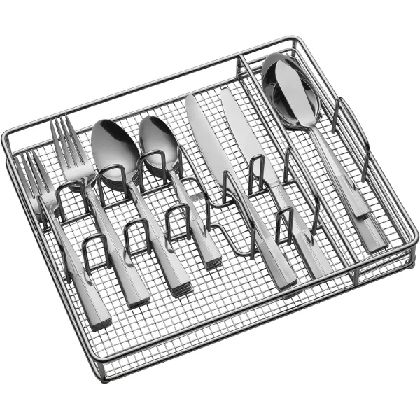 Pfaltzgraff Mirage Frost 45-Piece Stainless Steel Flatware Set with Serving Utensil Set and Metal Storage Caddy, Service for 8
