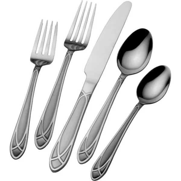 Pfaltzgraff Mirage Frost 45-Piece Stainless Steel Flatware Set with Serving Utensil Set and Metal Storage Caddy, Service for 8