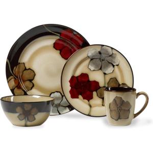 imagePfaltzgraff Painted Poppies 16Piece Dinnerware Set Service for 4 Colorful Floral Stoneware Plates Bowls and Mugs Microwave and Dishwasher Safe