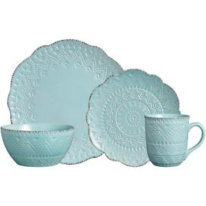 imagePfaltzgraff Remembrance Teal 16 Piece Dinnerware Set Service for 4 Green Teal