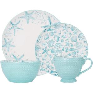 imagePfaltzgraff Venice 16Piece Stoneware Dinnerware Set Service for 4 Aqua and White Color Combination Durable and Chip Resistant Microwave Safe