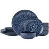 imagePfaltzgraff Midnight Blooms 12 Piece Floral Stoneware Dinnerware Plate Bowl Dish Set Service for 4 BlackBlue