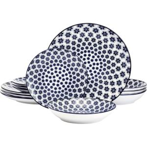 imagePfaltzgraff Blooming Delight Floral 12 Piece Plates Bowls Dinnerware Set Blue and White