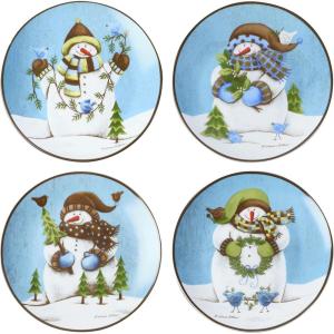 imagePfaltzgraff Evergreen Ernie Snowman Porcelain Salad Plates Set of 4 8 Inch Blue