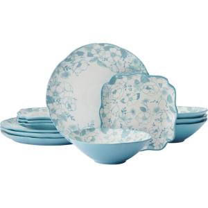 imagePfaltzgraff Garden Blossom Floral 12 Piece Plate Bowl Dinnerware Set Blue