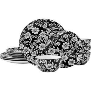 imagePfaltzgraff Midnight Blooms 12 Piece Floral Stoneware Dinnerware Plate Bowl Dish Set Service for 4 BlackBlack