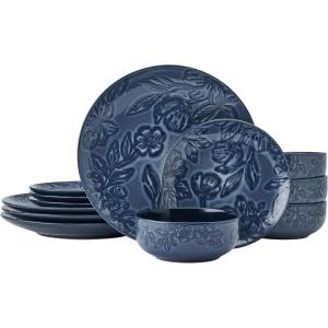 imagePfaltzgraff Midnight Blooms 12 Piece Floral Stoneware Dinnerware Plate Bowl Dish Set Service for 4 BlackBlue