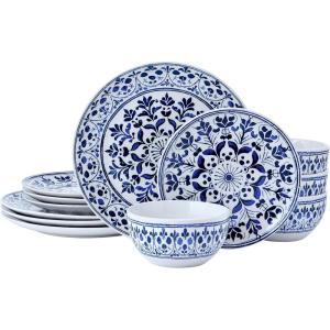 imagePfaltzgraff Midnight Blooms 12 Piece Floral Stoneware Dinnerware Plate Bowl Dish Set Service for 4 BlackBlueWhite