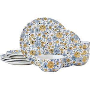 imagePfaltzgraff Radiant Blossom 12 Piece Floral Stoneware Dinnerware Plate Bowl Dish Set Service for 4 RedMulticolor