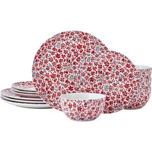 imagePfaltzgraff Radiant Blossom 12 Piece Floral Stoneware Dinnerware Plate Bowl Dish Set Service for 4 RedRed Blossom
