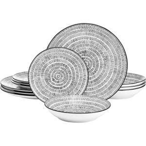 imagePfaltzgraff Sketch Serenade Geometric 12 Piece Plates Bowls Dinnerware Set Black and White