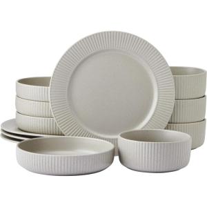 imagePfaltzgraff Tranquility 12 Piece Plates Bowls Dinnerware Set Service for 4 Cream
