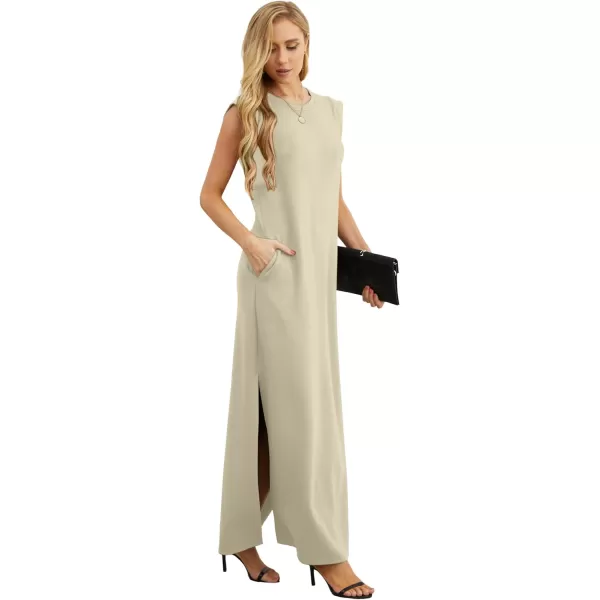 GRECERELLE 2024 Women Summer Crew Neck Casual Loose Split Wrinkle-Free Long Maxi Beach Dress with Pockets