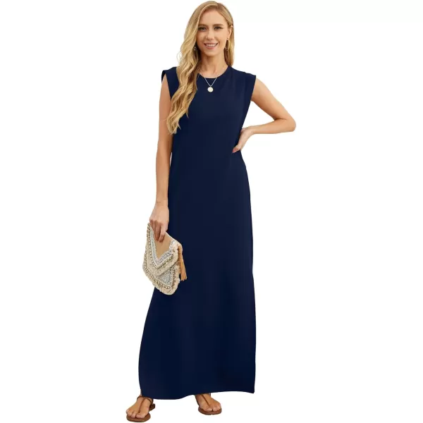 GRECERELLE 2024 Women Summer Crew Neck Casual Loose Split Wrinkle-Free Long Maxi Beach Dress with Pockets