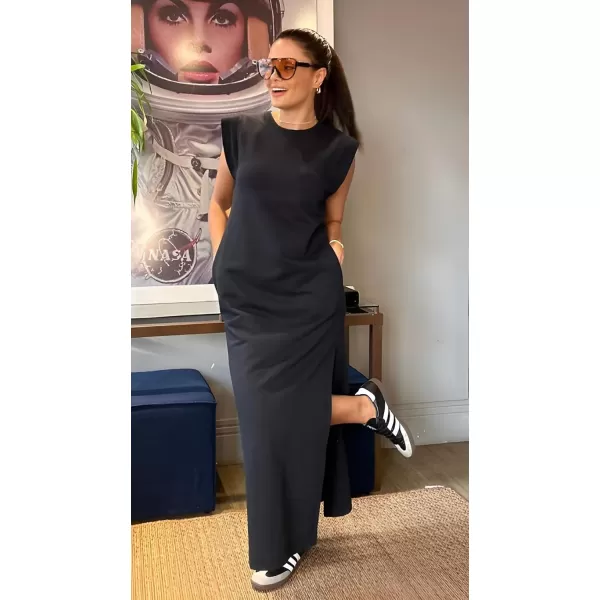 GRECERELLE 2024 Women Summer Crew Neck Casual Loose Split Wrinkle-Free Long Maxi Beach Dress with Pockets
