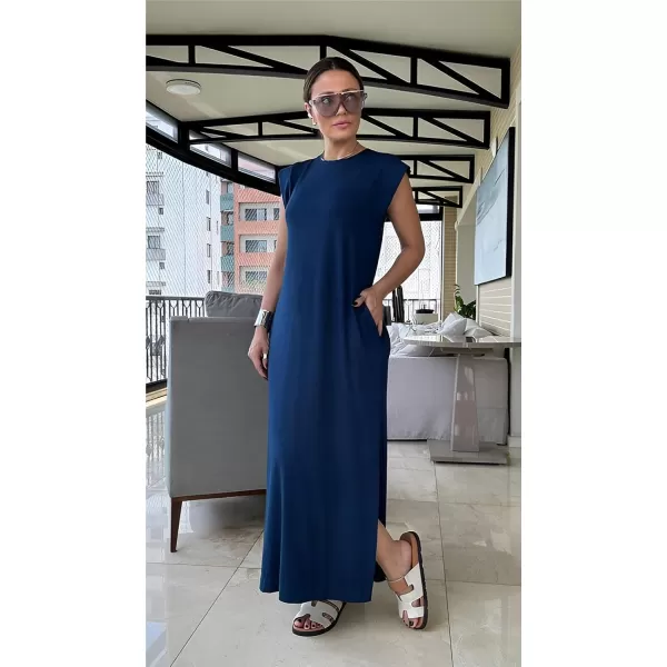 GRECERELLE 2024 Women Summer Crew Neck Casual Loose Split Wrinkle-Free Long Maxi Beach Dress with Pockets