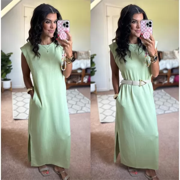 GRECERELLE 2024 Women Summer Crew Neck Casual Loose Split Wrinkle-Free Long Maxi Beach Dress with Pockets